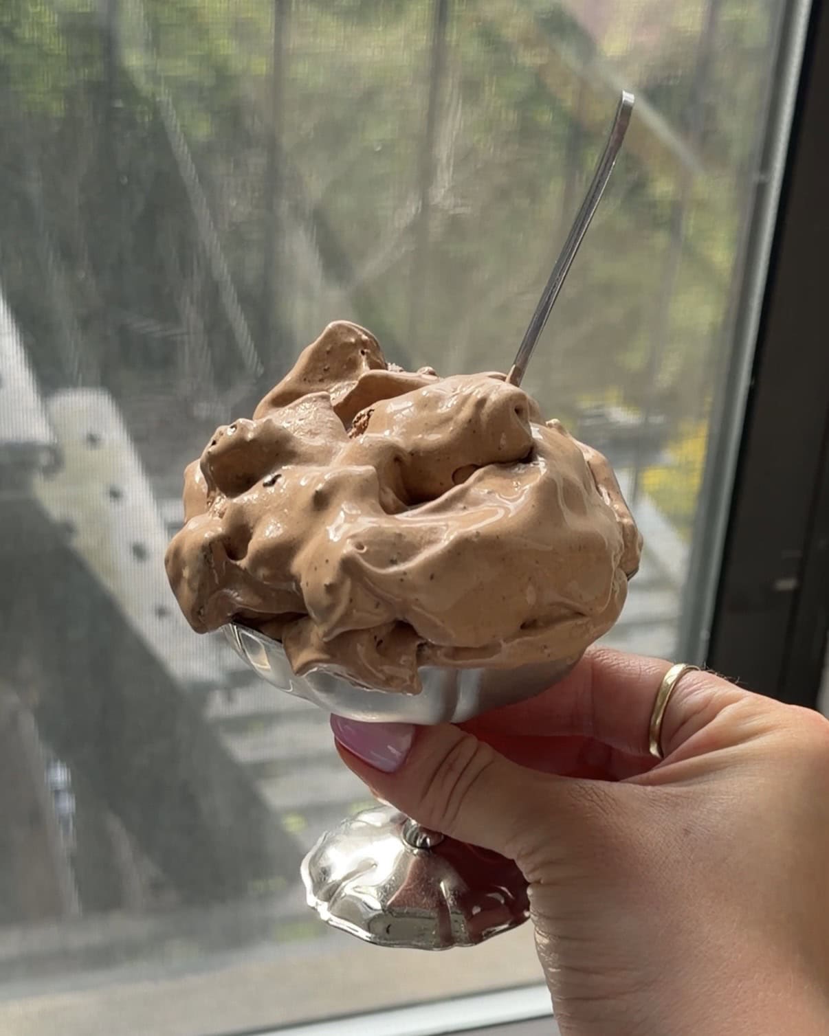 Side view of a metal coupe glass full of Chocolate Cream Pie Ice Cream.