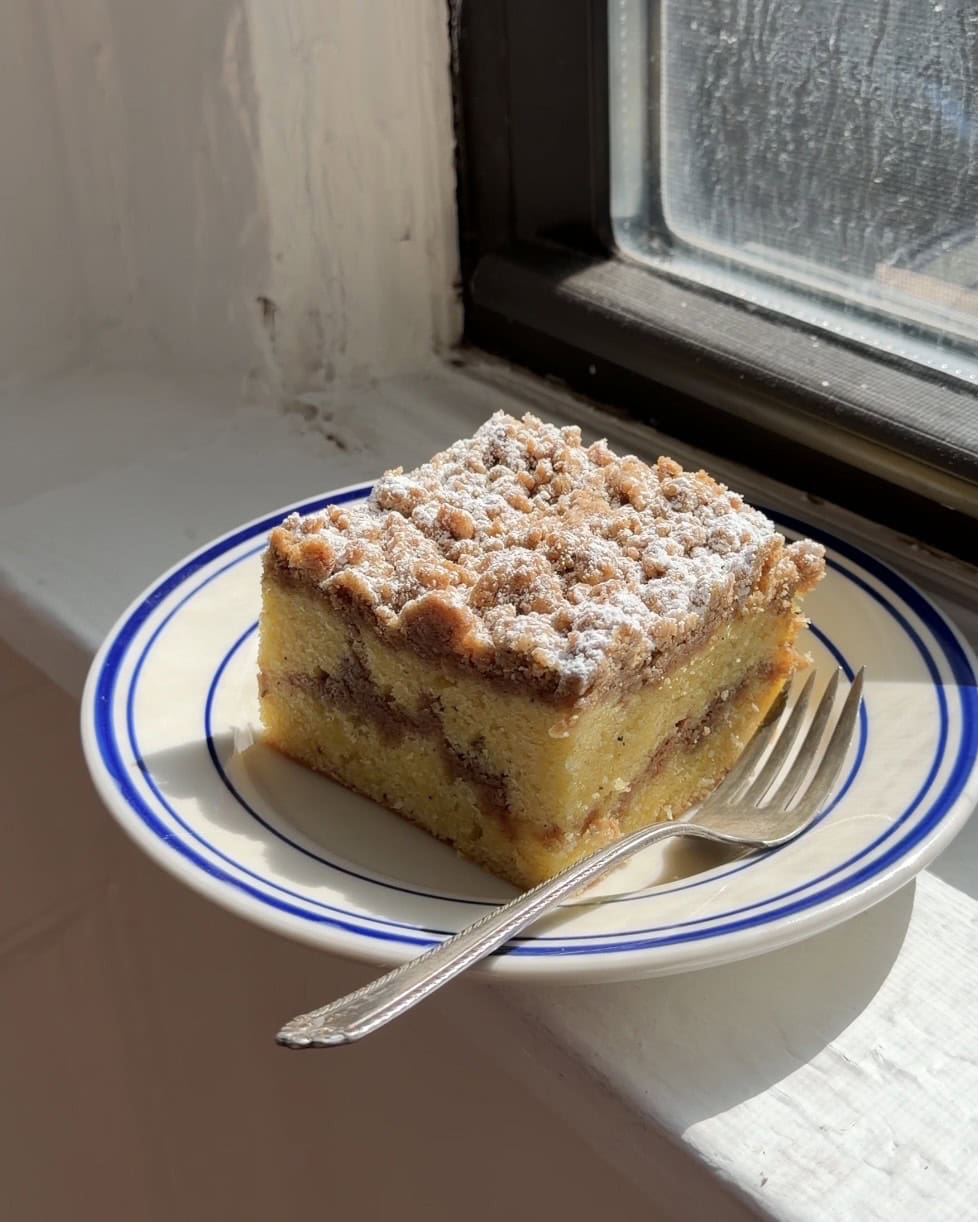 Side view of a large slice of sour cream coffee cake on a white and blue plate.