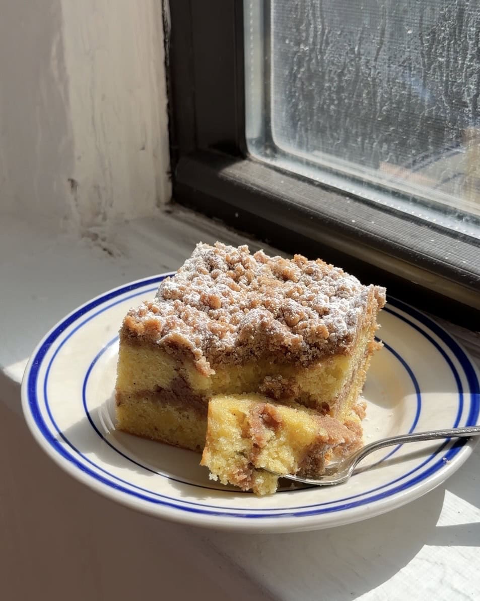 Side view of a large slice of sour cream coffee cake with a bite taken out on a white and blue plate.