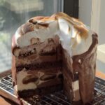 Side view of a Chocolate Tiramisu Ice Cream Cake with slices cut out showing the layers.