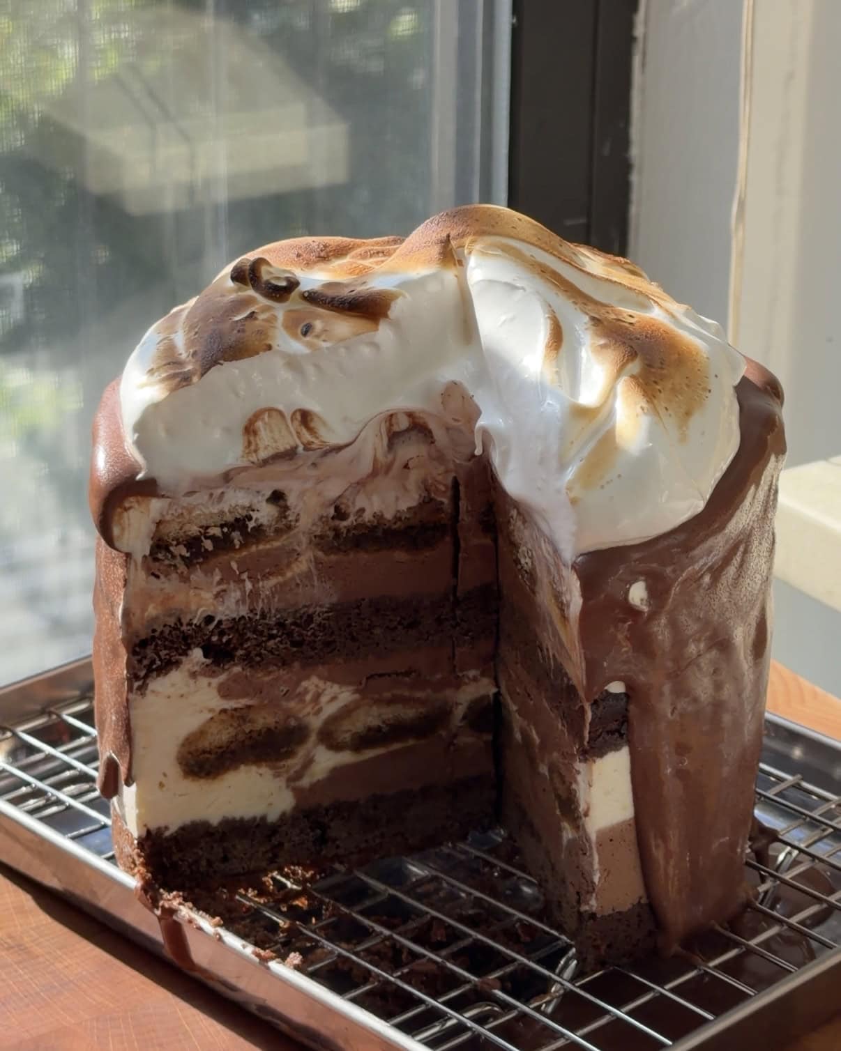 Side view of a Chocolate Tiramisu Ice Cream Cake with slices cut out showing the layers.
