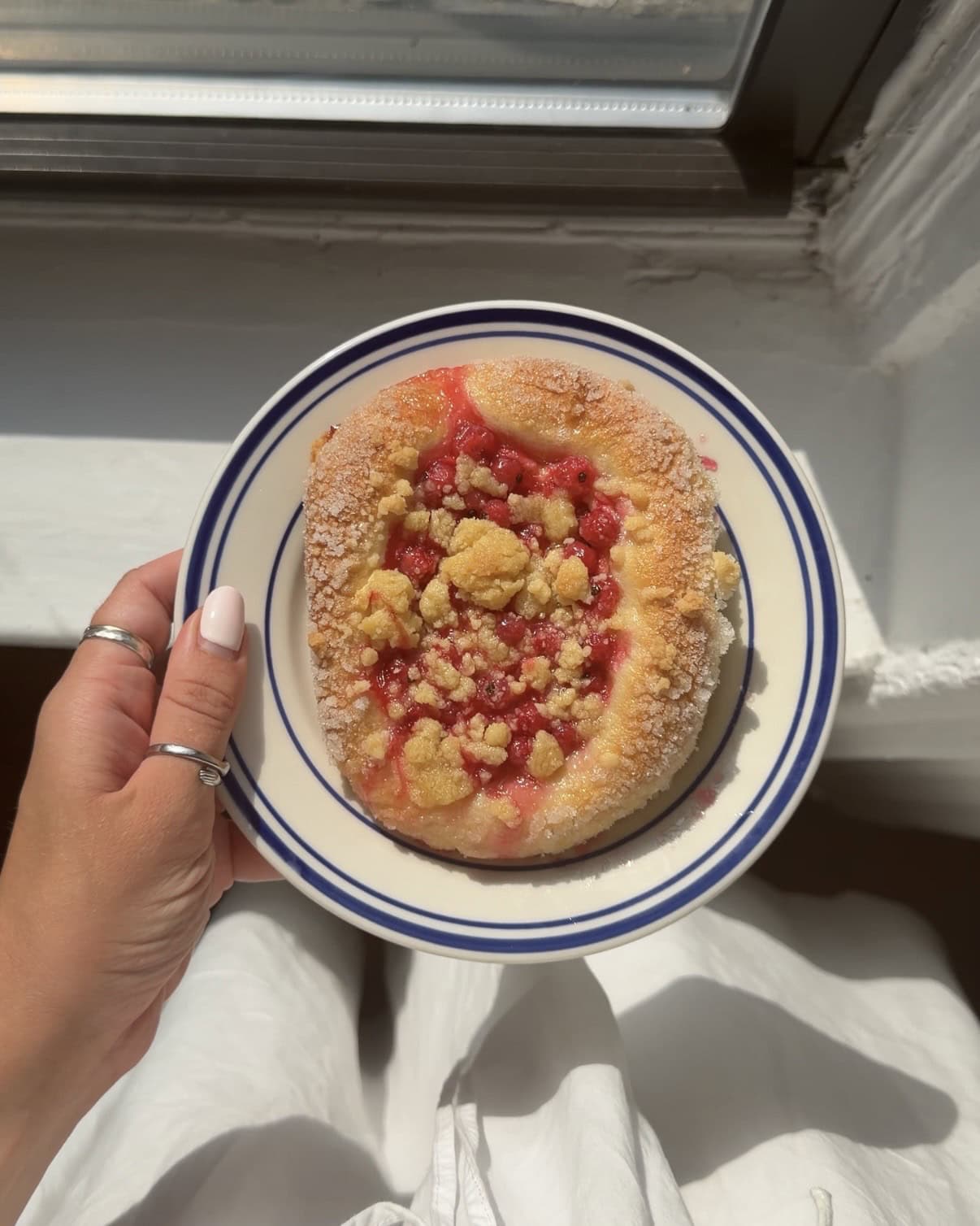 Overhead view of a sugar rolled Red Currant Brioche Bun topped with buttery streusel.