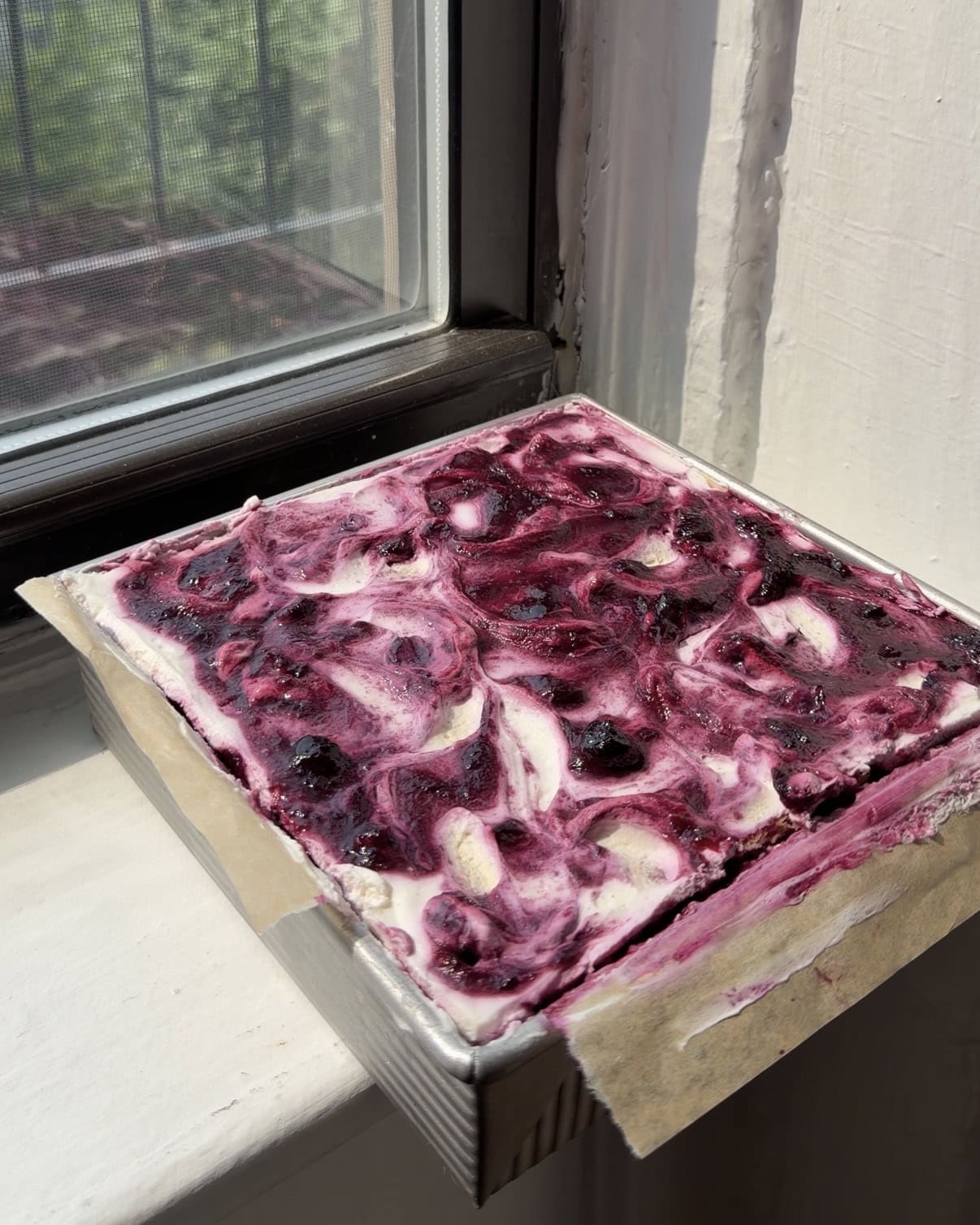 Side view of a whole Lemon Blueberry Icebox Cake.