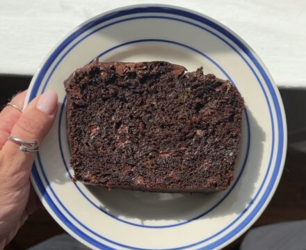 Overhead view of a slice of Double Chocolate Zucchini Bread.