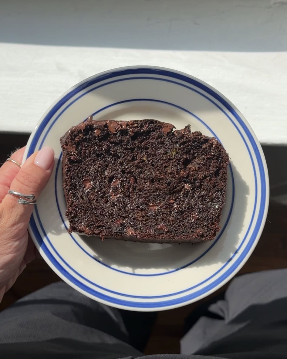 Overhead view of a slice of Double Chocolate Zucchini Bread.