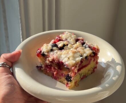Side view of a slice of Plum Berry Crumb cake on a shallow white bowl in the sun.