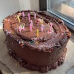 Side view of a Brown Butter Cake with Chocolate Cream Cheese Frosting decorated with rainbow sprinkles and candles.