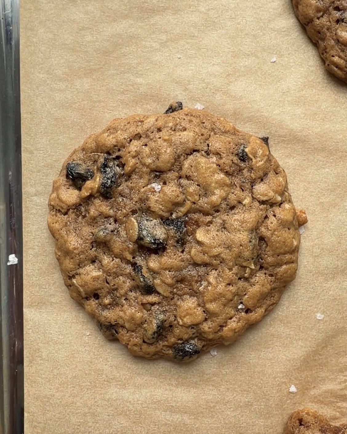 Overhead view of an Oatmeal Raisin cookie on a parchment lined baking sheet.